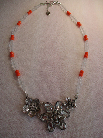 Silver Orange White Frost Glass Beads Three Flower Pendant Necklace (N1190)