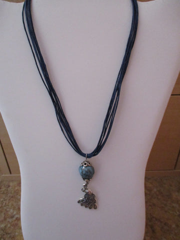 Blue Twine Blue Clay Bead Silver Peacock Pendant Necklace (N1194)
