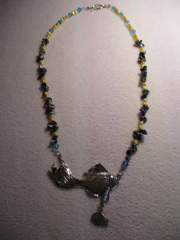 Blue Yellow Beads Gray Mother of Peal Chips Silver Fish with hanging Fish Necklace (N1203)
