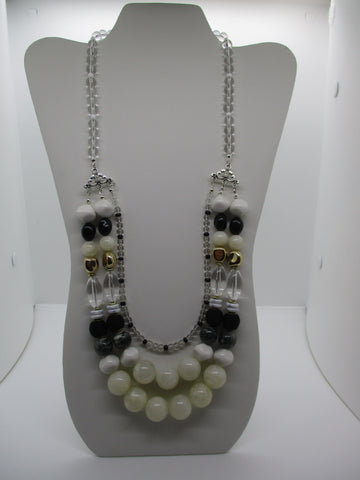 Clear Black White Beads 3 Row Necklace (N1227)