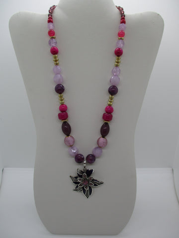 Multi Pink Purple Gold Beads Purple Flower Pendant Necklace (N1234)