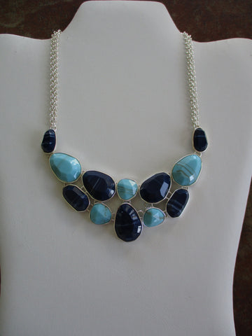 Silver Light Dark Blue Marble Pendant Choker (N1241)