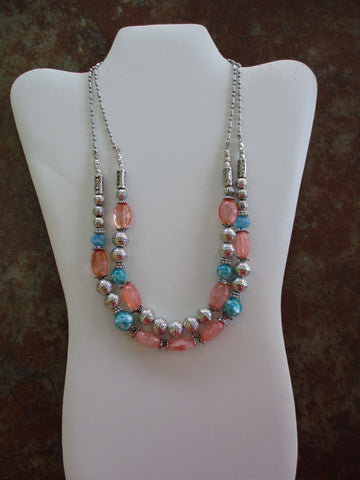 Silver Double Row Peach Blue Silver Beads Necklace (N1252)