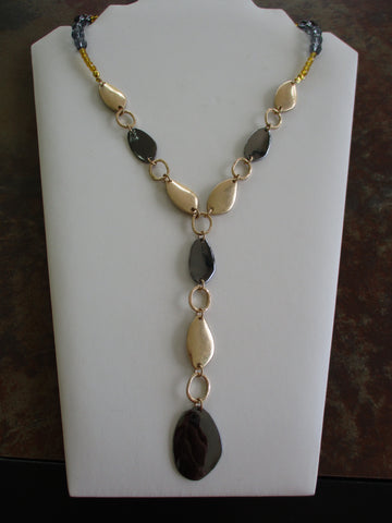 Gold Dark Gray Glass Beads and Metal Charms Tie Necklace (N1261)