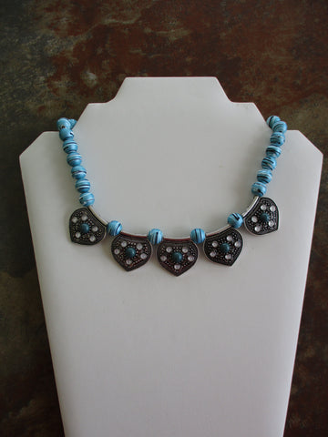 Silver Blue Pendants Blue Black White Swirl Beads Choker Necklace (N1262)