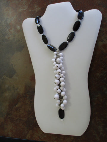 Silver Black White Beads Tie Necklace (N1276)