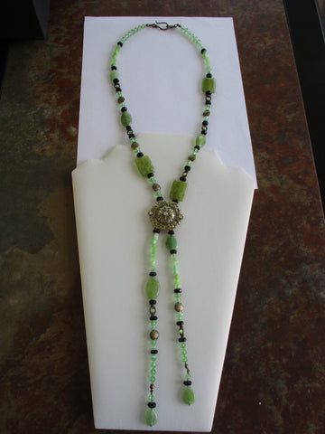 Bronze Bling Pendant Green Black Glass Beads Bronze Beads Double Neck Tie Necklace (N1286)