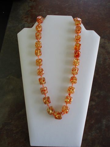 Clear Orange Cube Beads Orange Ribbon Necklace (N1287)