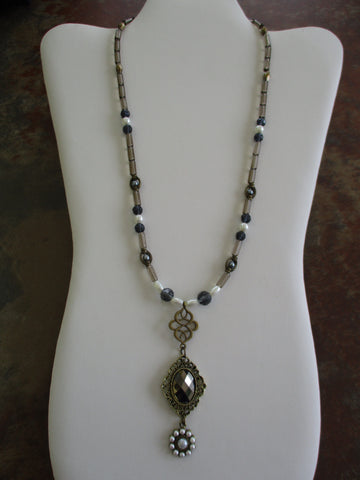 Bronze Smoked Gray White Rice Pearls White Pearls Glass Beads 3 Pendants Long Necklace (N1289)