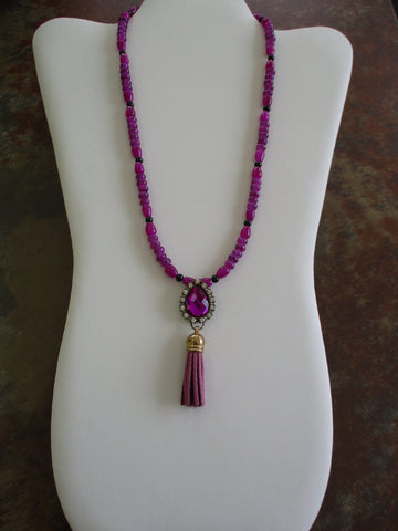 Bronze Purple Black Glass Beads Purple Bling Pendant Purple Tassel Necklace (N1290)