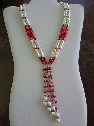 Silver Red White Glass Pearls Double Row Neck Tie Necklace (N1300)