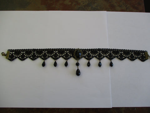 Black Lace Black Pendant Black Beads Choker Necklace (N1309)
