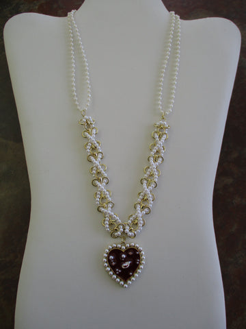 Gold White Pearls Red Pearls Heart Pendant Necklace (N1314)