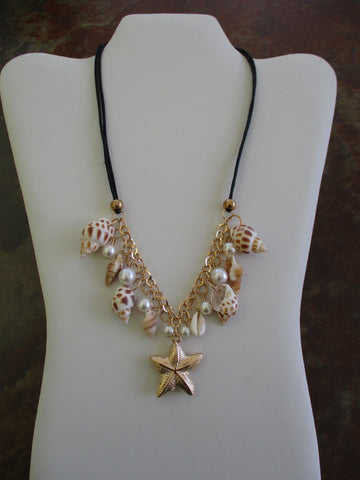 Black Cord Gold Shells Pearls Starfish Pendant Necklace (N1315)