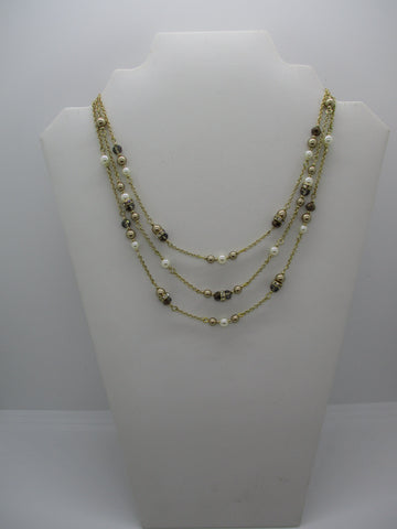 Gold Three Layer Chain Brown Gold White Pearls Beads Choker Necklace (N1342)