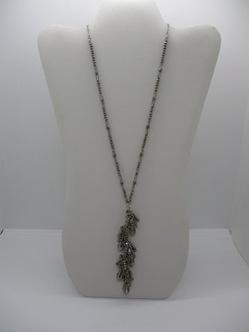Silver Chain Gray Glass Beads Neck Tie Necklace (N1345)