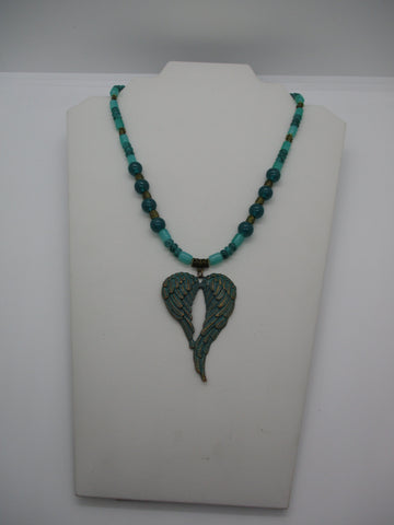 Jade Green Glass Beads Bronze Beads Bronze Jade Angel Wings Pendant Necklace (N1358)