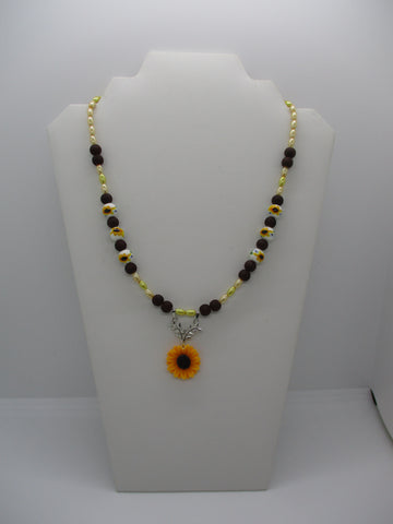 Gold Rice Pearls Brown and Sunflower Glass Beads Sunflower Pendant Necklace (N1361)