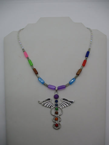 Multi Color Glass Beads Silver Metal Beads Multi Color Medical Symbol Pendant Necklace (N1364)