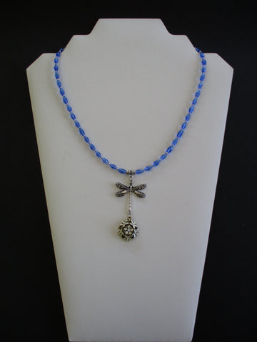 Blue Glass Beads Silver Seed Beads Silver Dragonfly Flower Pendant Necklace (N1371)