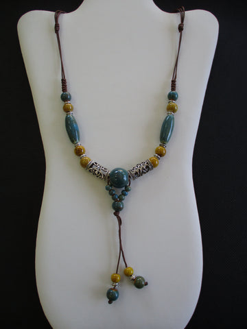 Blue Yellow Green Clay Beads Brown Twine Adjustable Necklace (N1382)