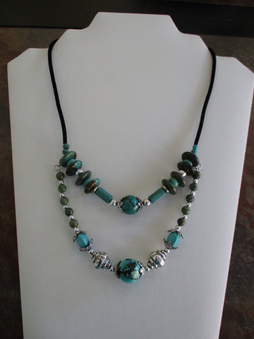 Turquoise Glass Beads Silver Beads Black Velvet Cord over wire Double Row Necklace (N1393)