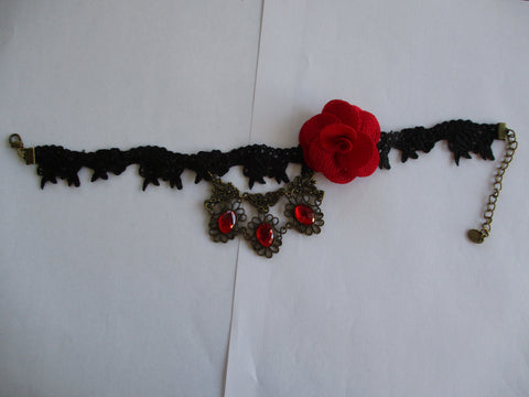Black Lace Red Bronze Pendants Red Rose Choker Necklace (N1395)