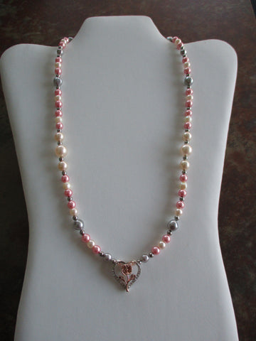 Pink White Gray Pearls Silver Beads Silver Heart Rose Pendant Necklace (N1408)