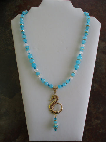 Aqua Blue Clear Glass Beads Gold Beads Gold Seahorse Pendant Necklace (N1418)