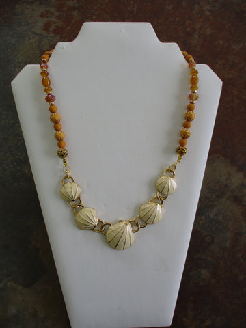 Mustard Yellow Glass Beads Gold Beads Cream Gold Shells Necklace (N1421)