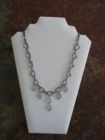Dark Silver Hearts Silver Diamonds Necklace with Side Lobster Claw Closer (N1435)