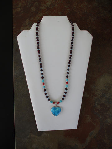 Red Blue Glass Beads Silver Beads Silver Blue Heart Pendant Necklace (N1441)