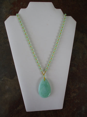 Green Gold Glass Beads Green Tear Drop Cord Necklace (N1456)