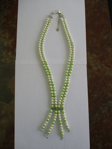 White Green Double Row Pearls with Tassel Bottom Necklace (N1457)