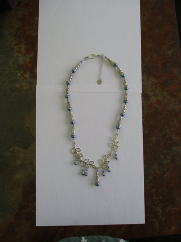 Blue Pearls Silver Cones Silver Leaf Necklace (N1458)