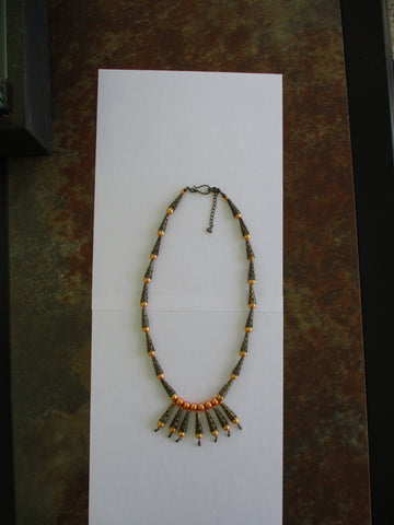 Orange Pearls Bronze Cones Necklace (N1467)