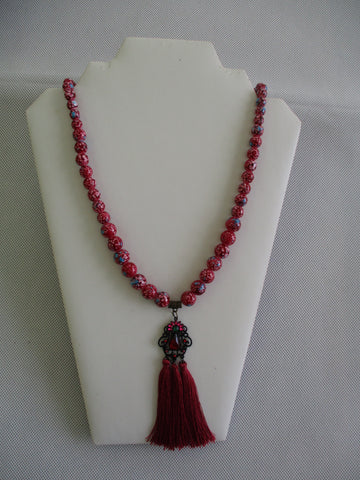 Red Blues Glass Beads Black Red Tassel Pendant Necklace (N1477)