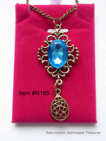 Bronze Retro Hollow Blue Gem Drop Necklace