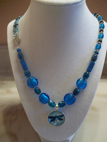 Bright Blue glass mixed bead Dragonfly Pendant Necklace (N289)