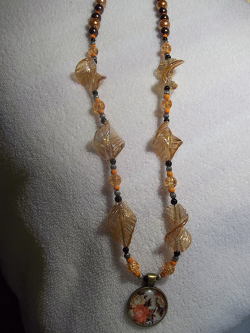 Peach Glass Leaf Beads Brown /Orange/Black Beads w/Flower Pendant Necklace (N353)