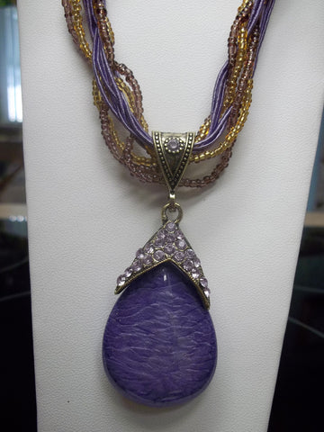 Purple Braided Tear Drop Glass Necklace (N418)
