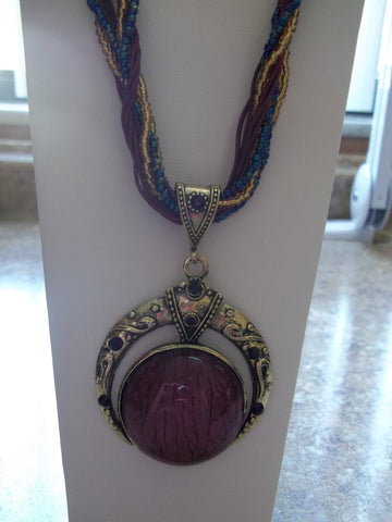 Burgundy Braided Glass Circle Necklace (N426)