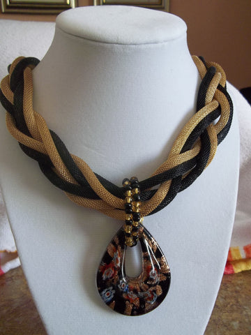 Gold/Black Braided wire Mesh w/Black Glass Pendant Necklace (N472)