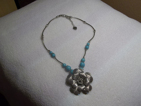 Silver Flower Pendant w/Turquoise Bead Choker Necklace (N513)