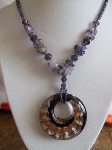 Purple Glass Pendant w/Rocks Necklace (N614)