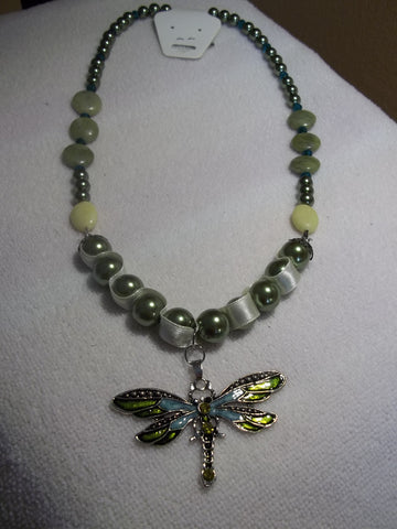 Green Pearls w/Ribbon Green Glass Beads Green Dragonfly Pendant Necklace (N626)