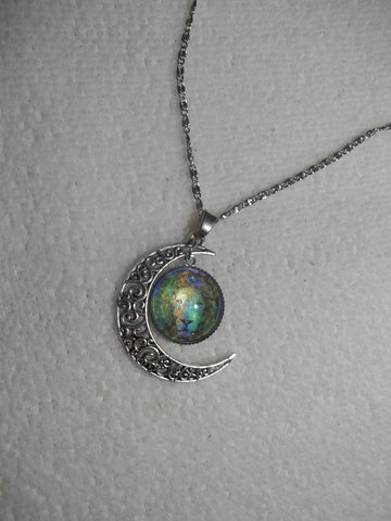 Silver Bubble Multi Color Lion w/Moon Necklace (N712)