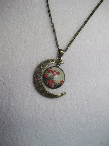 Bronze Moon Bubble Red Poppy Flower Necklace (N738)