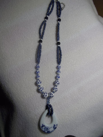 Blue White Glower Glass Beads w/glass Flower Pendant Necklace (N784)