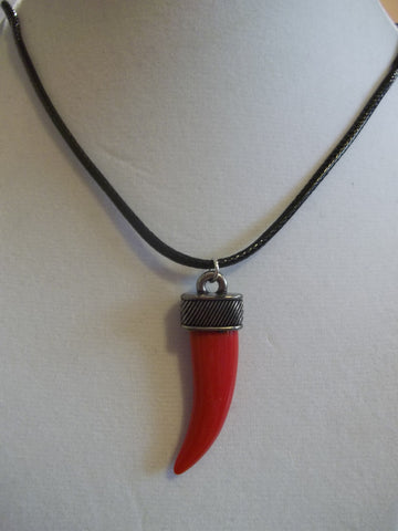 Black Leather Red Wolf Tooth Necklace (N794)